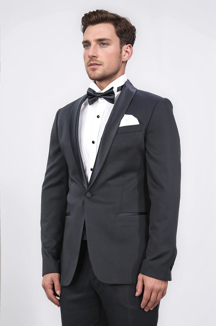 Slim fit saten şal yaka siyah desenli damatlık 