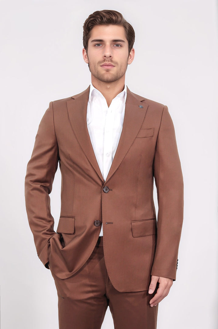 Slim fit mono yaka kiremit yünlü takım elbise 