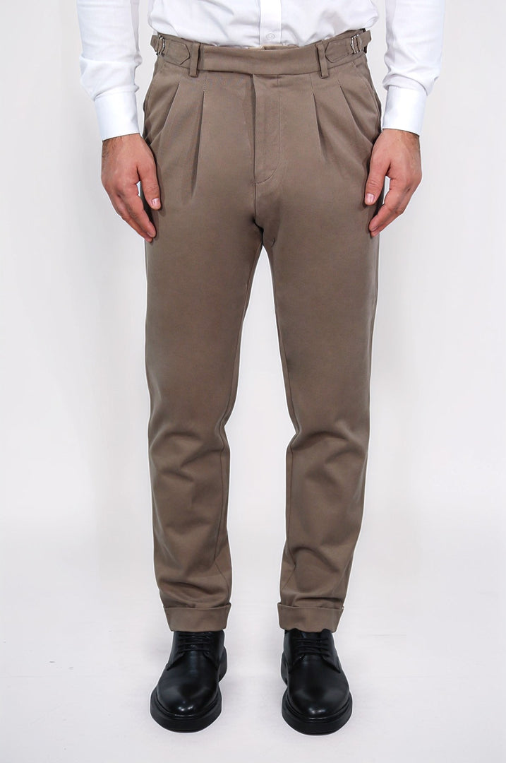 toka detaylı duble paça koyu bej tek pantolon 