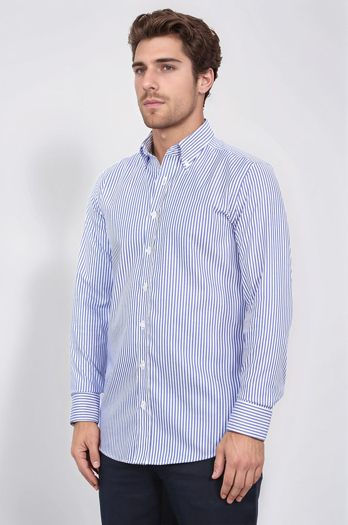 slim fit italyan yaka non-ıron lacivert çizgili gömlek 