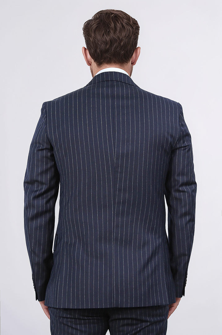 Slim fit mono yaka çizgili lacivert yünlü takım elbise 