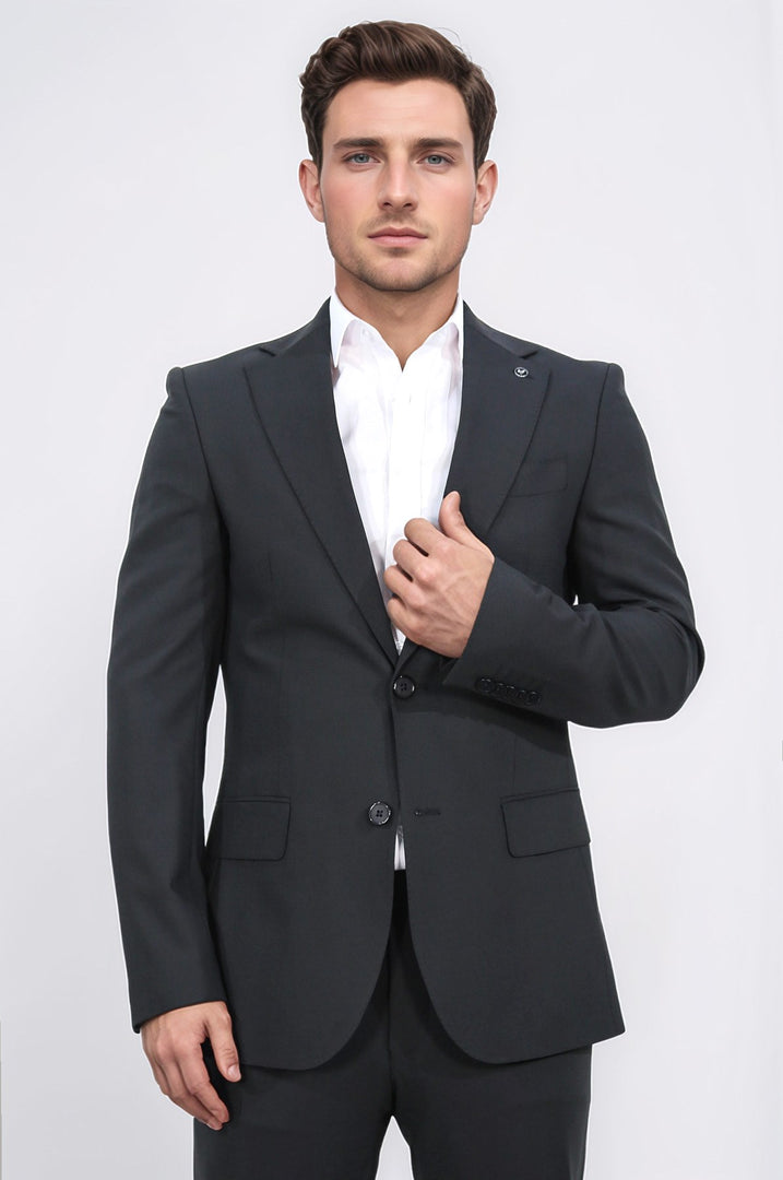 Slim fit mono yaka siyah takım elbise 
