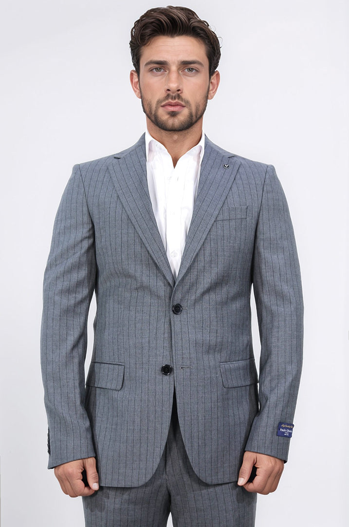 Slim fit mono yaka gri yünlü takım elbise 