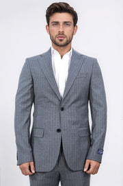 Slim fit mono yaka gri yünlü takım elbise 