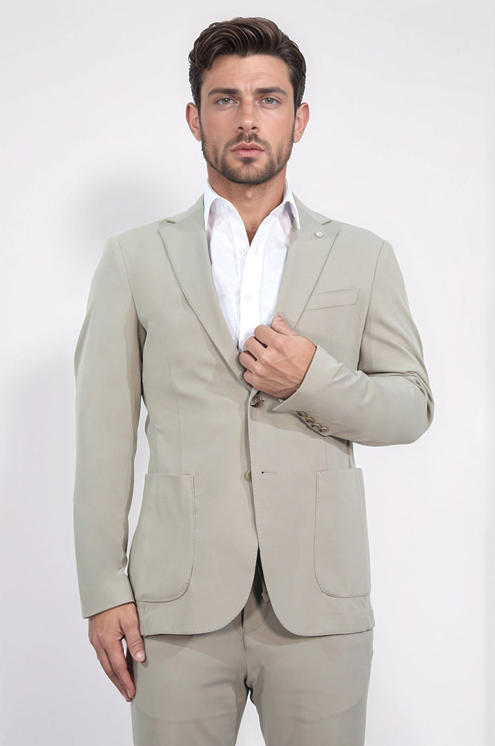 Comfort fit bi-strech hafif dokulu bej astarsız tek ceket