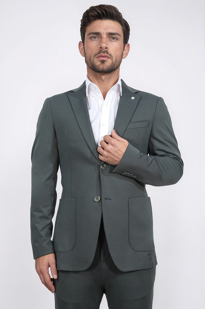 comfort fit bi-strech hafif dokulu yeşil astarsız tek ceket 