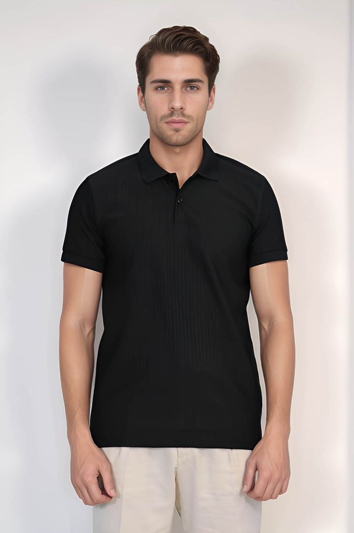 VELVARDE ÇİZGİLİ POLO YAKA TSHIRT SİYAH (1895)