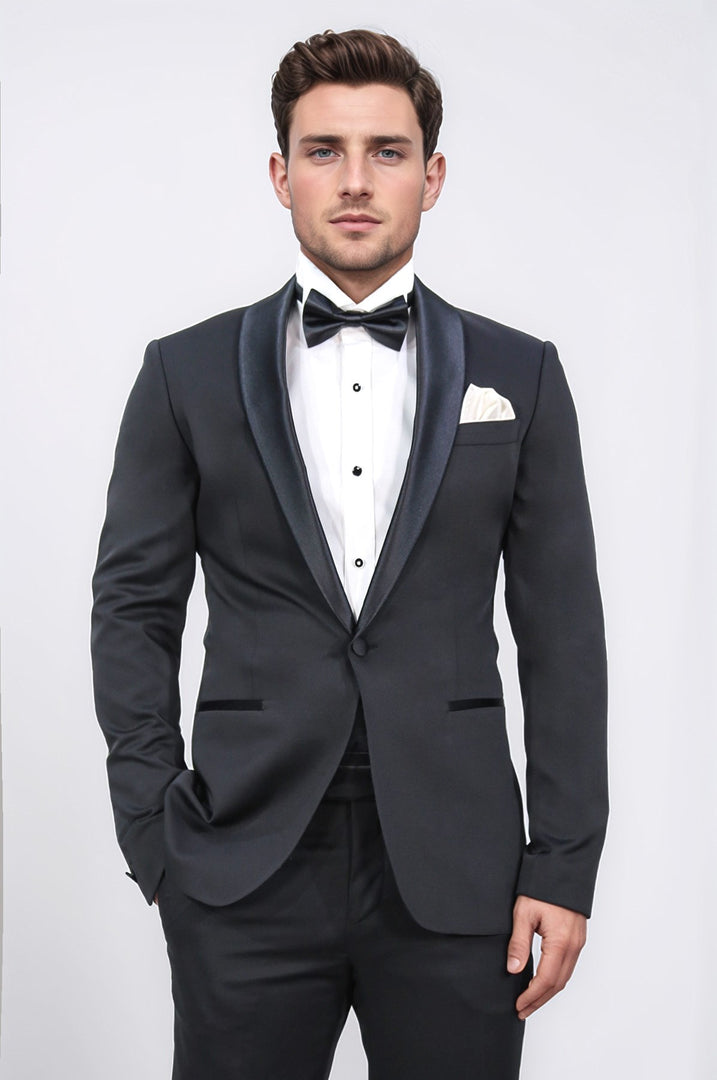 Slim fit saten şal yaka siyah desenli damatlık 