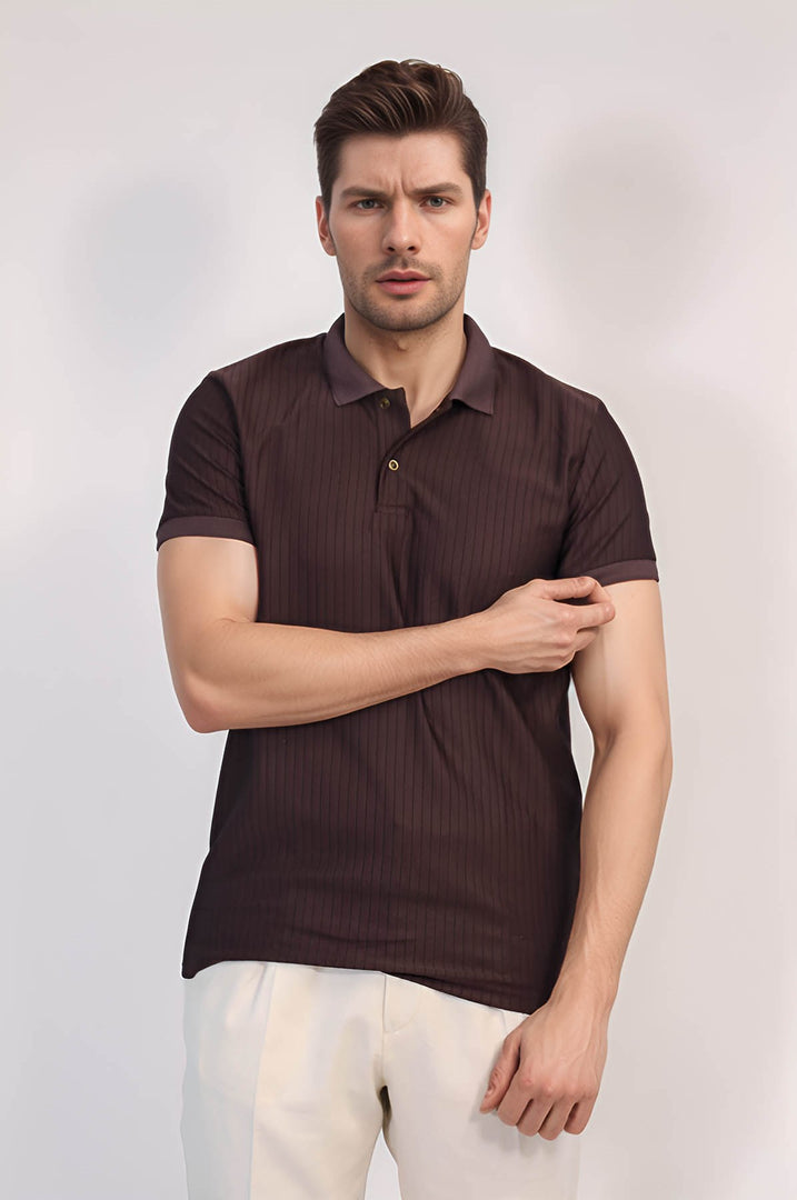 VELVARDE ÇİZGİLİ POLO YAKA TSHIRT KOYUKAHVE (1895)