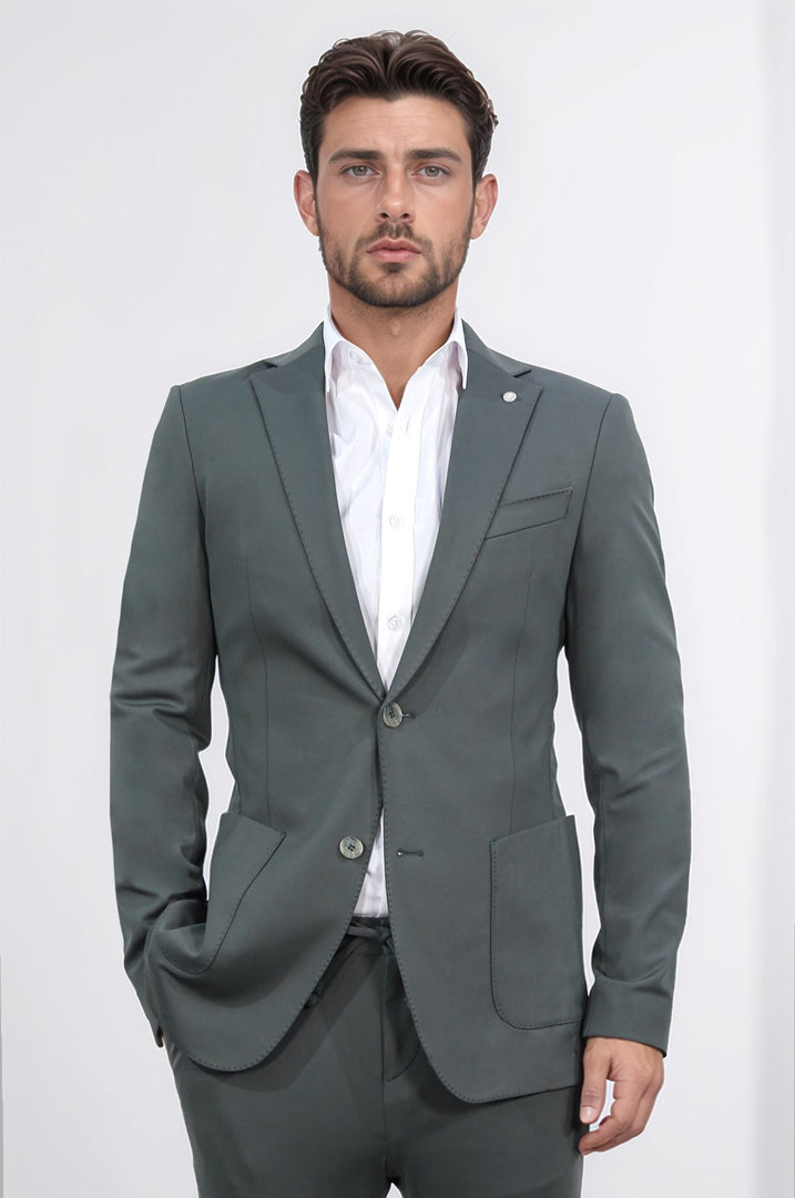 comfort fit bi-strech hafif dokulu yeşil astarsız tek ceket 
