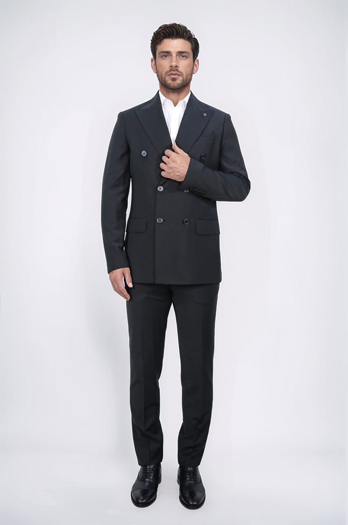 slim fit sivri yaka kruvaze siyah takım elbise 