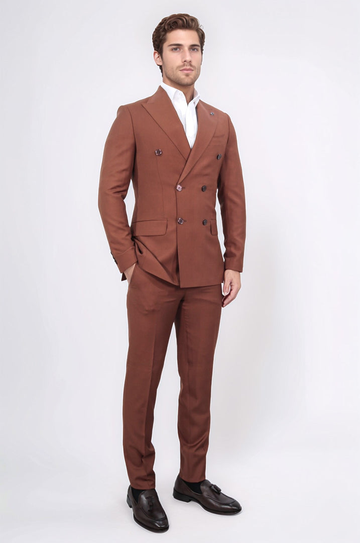 slim fit kruvaze sivri yaka kiremit takım elbise 