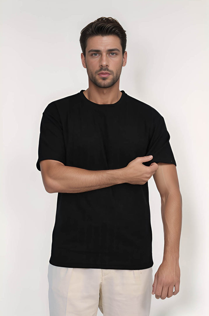 VELVARDE BİSİKLET YAKA ÇİZGİLİ TSHIRT SİYAH (1818)