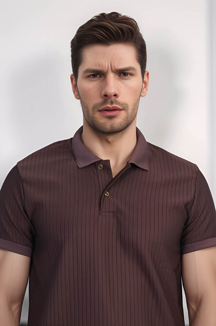 VELVARDE ÇİZGİLİ POLO YAKA TSHIRT KOYUKAHVE (1895)