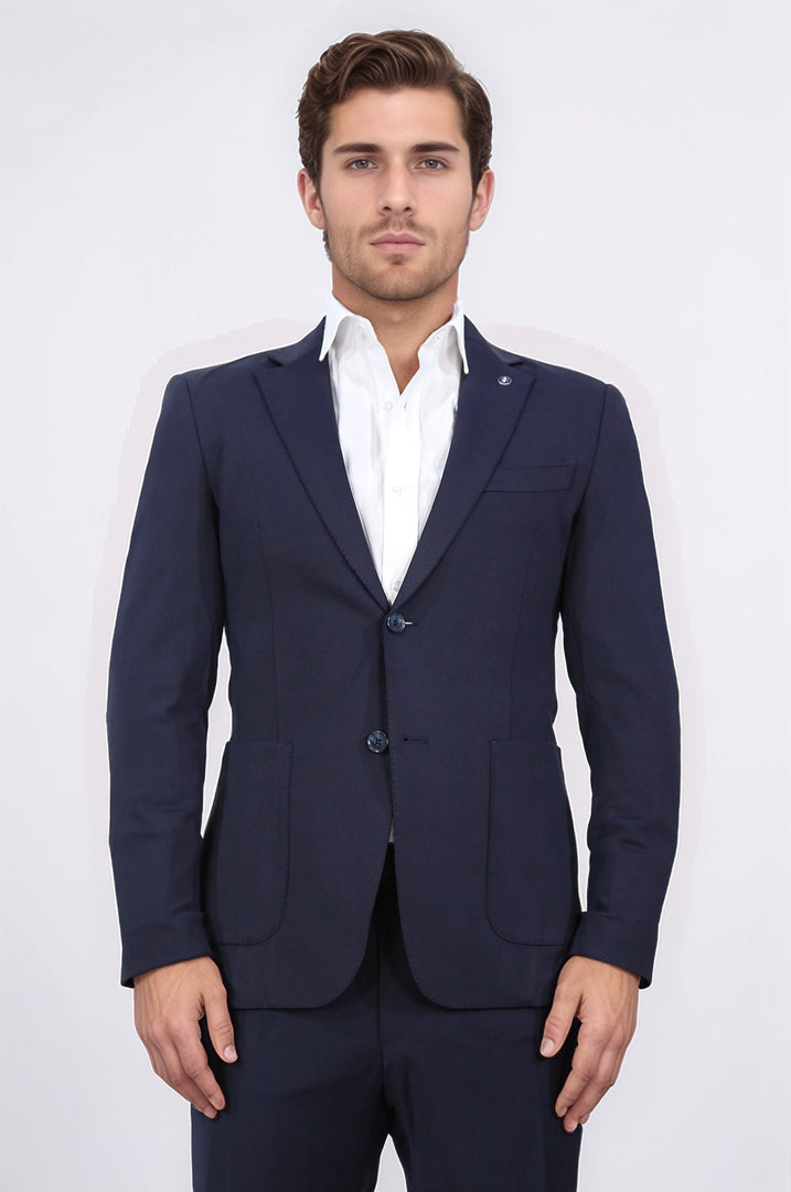 Comfort fit bi-strech hafif dokulu lacivert astarsız tek ceket 