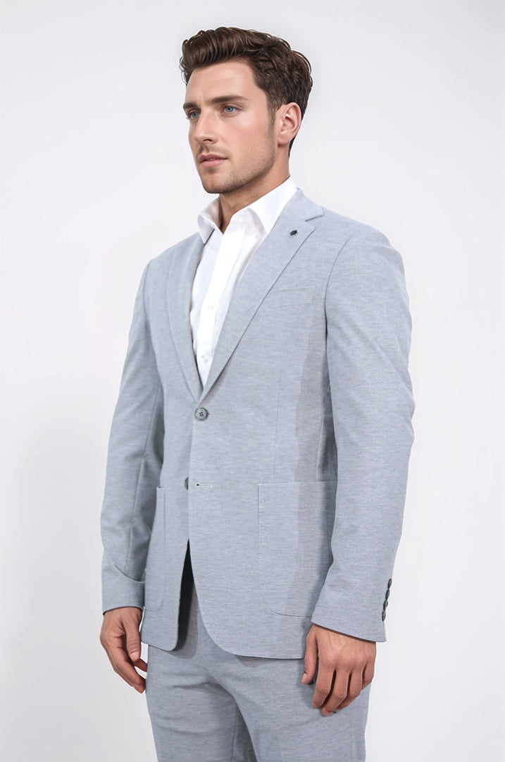 comfort fit bi-strech hafif dokulu gri astarsız tek ceket 