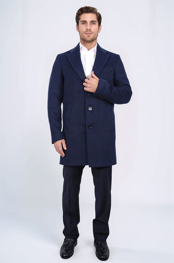 üç düğmeli mono yaka yün ve kaşmir karışımlı lacivert kaban 