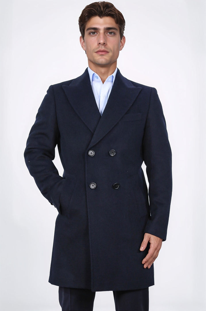 kruvaze sivri yaka yün ve kaşmir karışımlı lacivert kaban