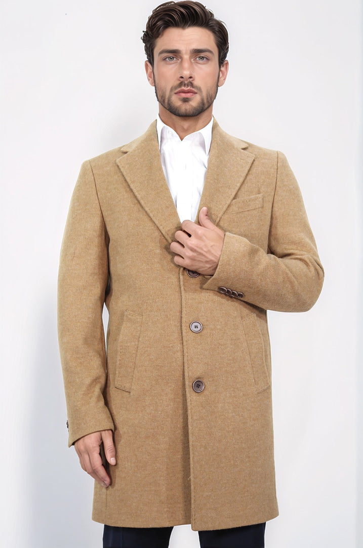 üç düğmeli mono yaka yün ve kaşmir karışımlı camel kaban 