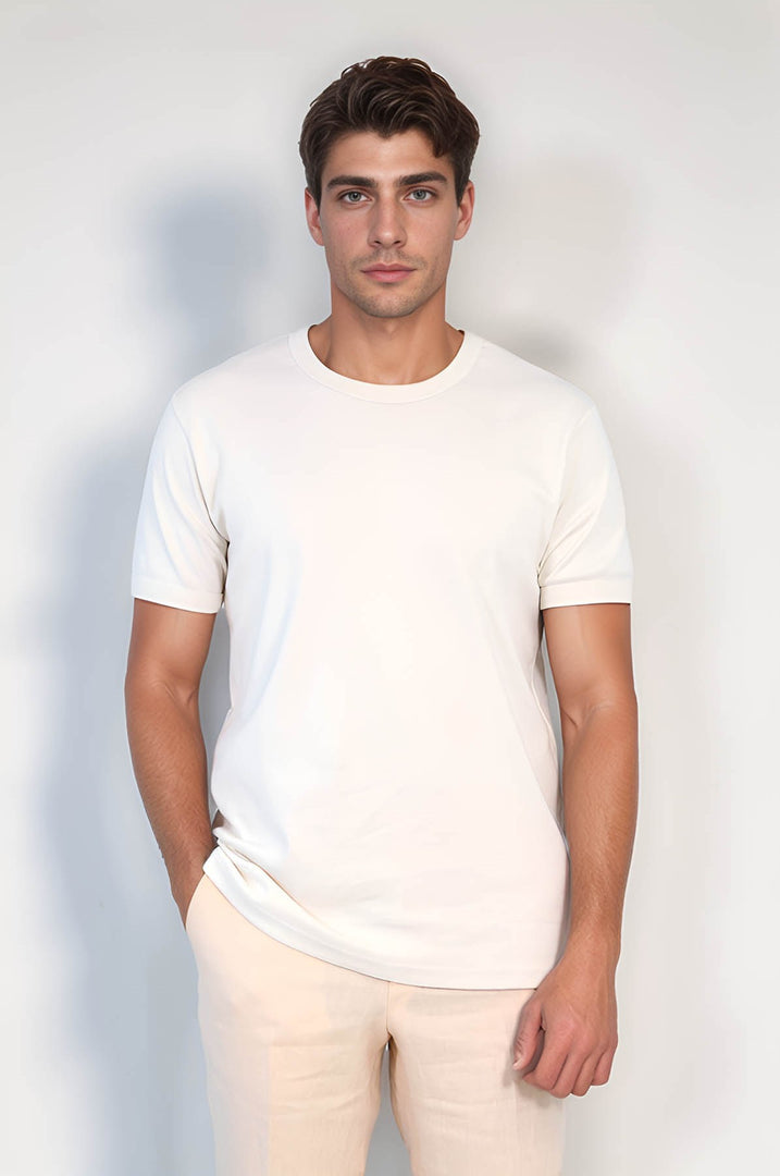 VELVARDE DÜZ BİSİKLET YAKA TSHIRT KREM (1881)