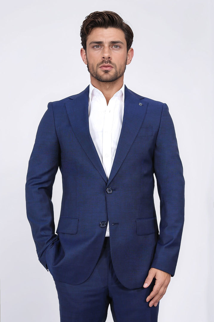 Slim fit mono yaka mavi takım elbise 