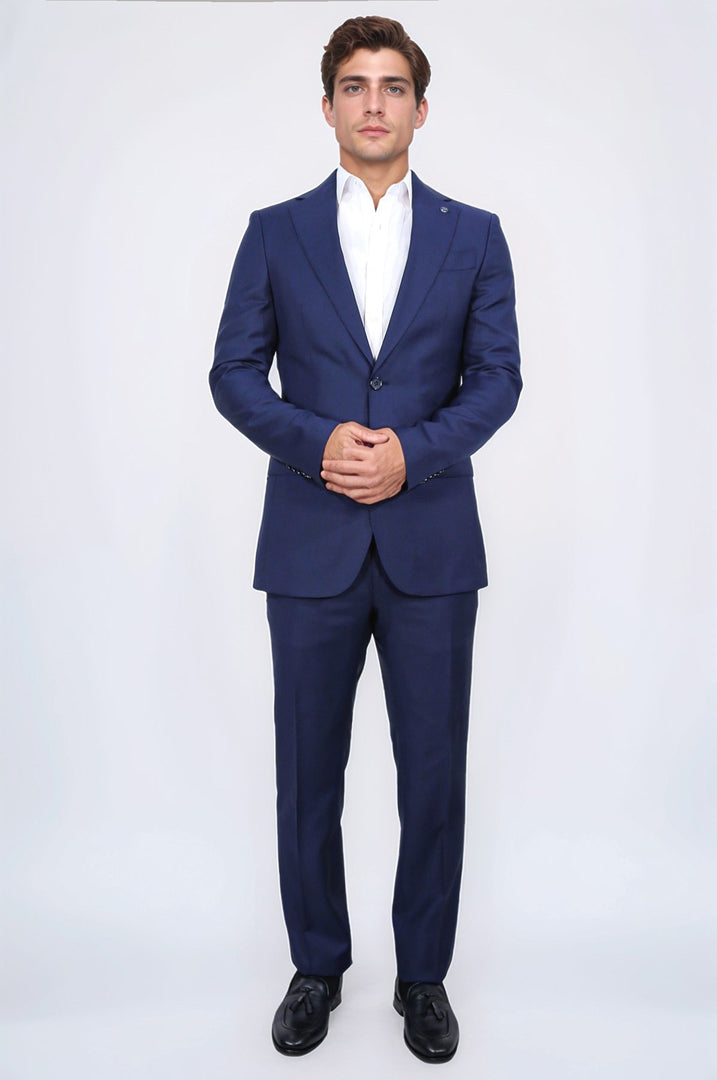Slim fit mono yaka koyu mavi takım elbise 