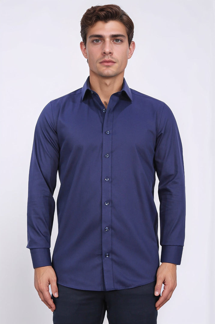 slim fit saten italyan yaka lacivert gömlek 