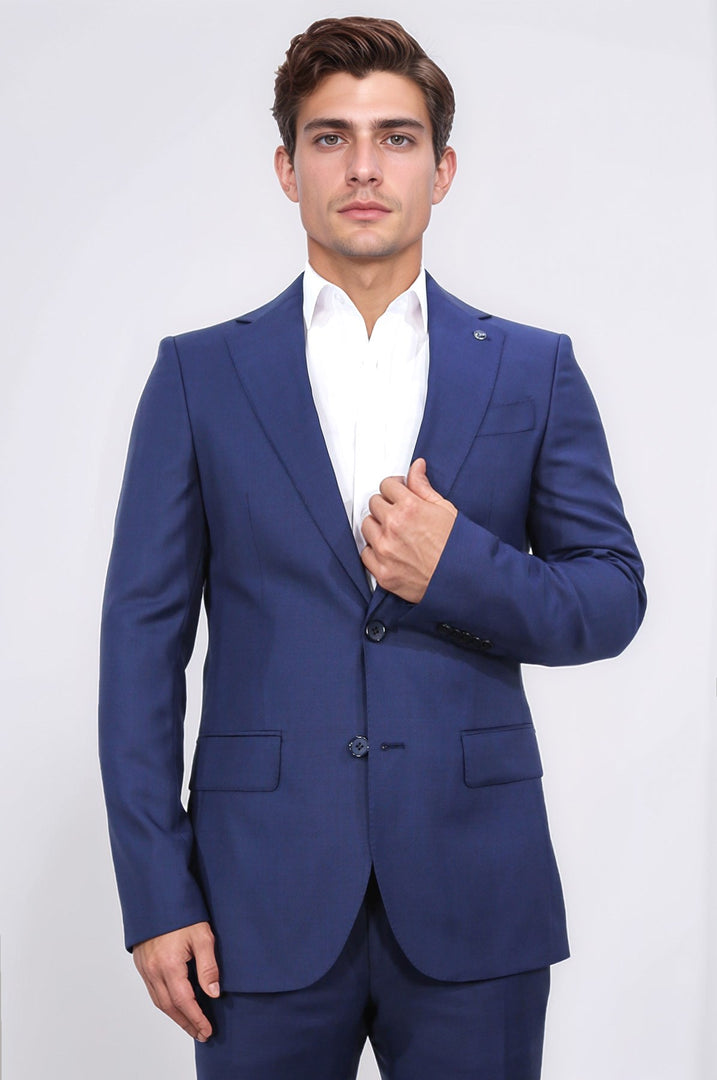 Slim fit mono yaka koyu mavi takım elbise 