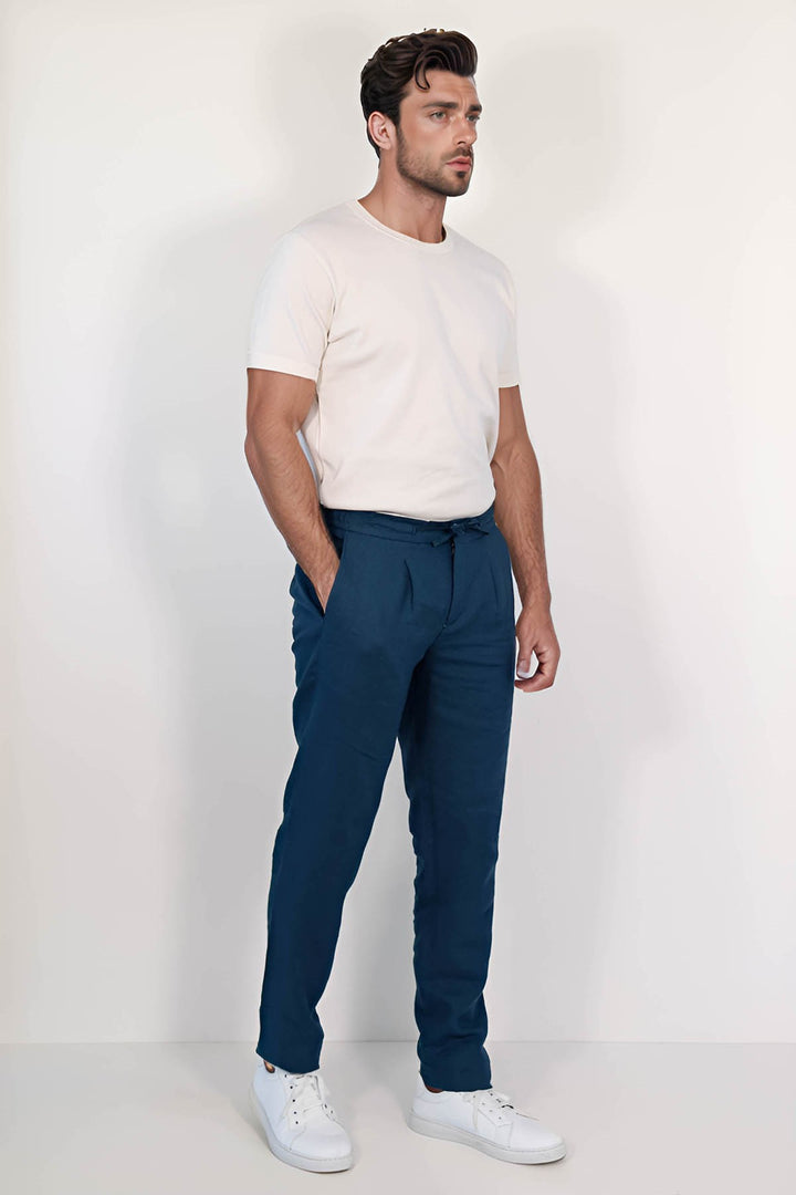 VELVARDE KETEN JOGGER+İPLİ LASTLİKLİ PANT. K.MAVİ