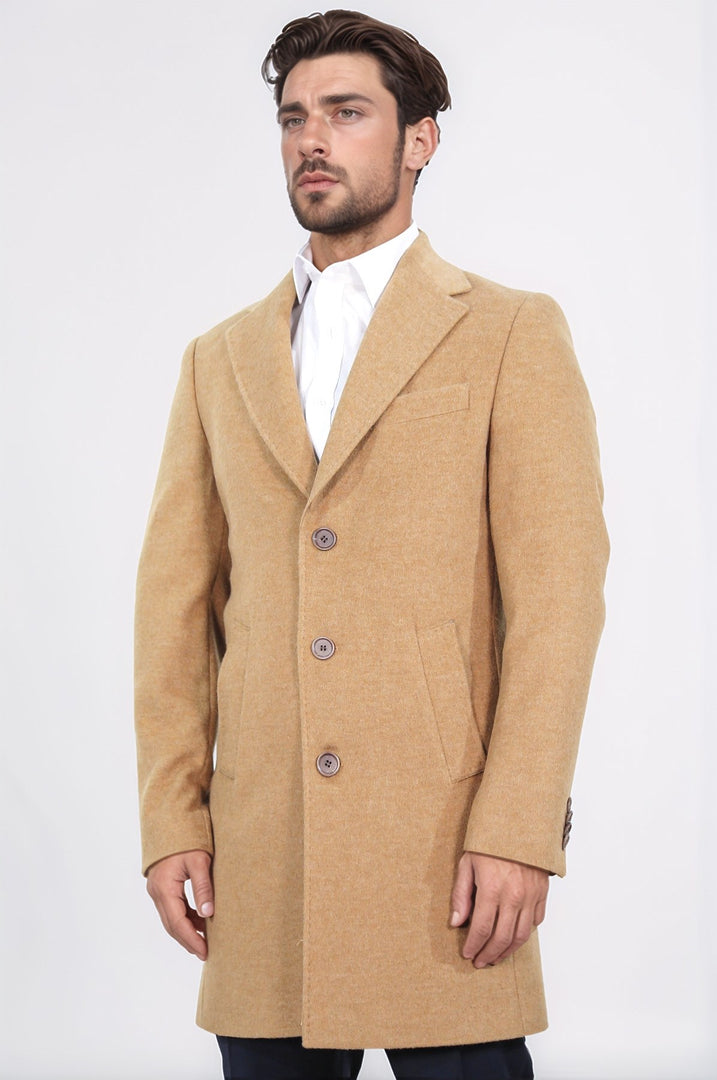 üç düğmeli mono yaka yün ve kaşmir karışımlı camel kaban 
