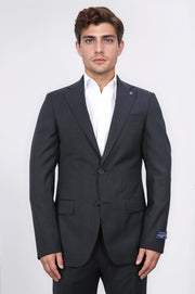 Slim fit mono yaka siyah çizgili yünlü takım elbise 