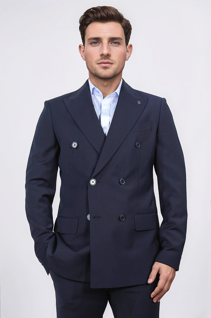 slim fit sivri yaka kruvaze lacivert takım elbise 