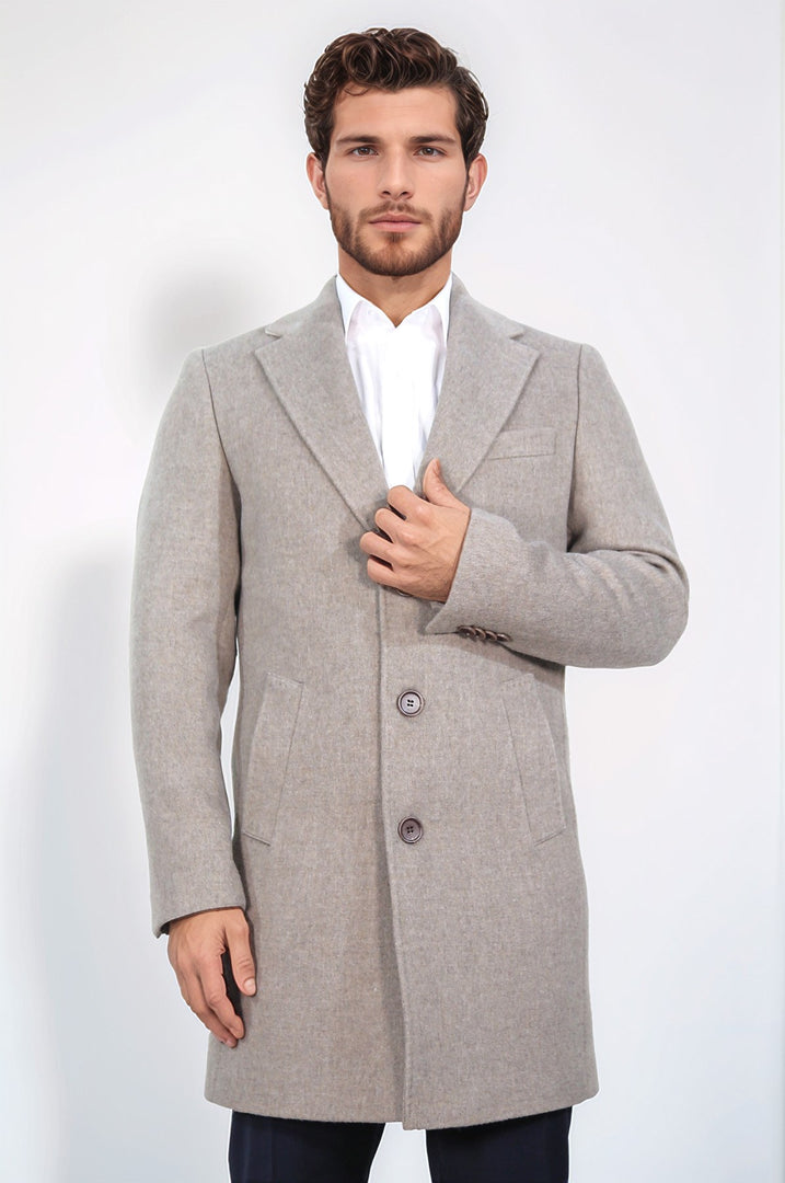 üç düğmeli mono yaka yün ve kaşmir karışımlı bej kaban 