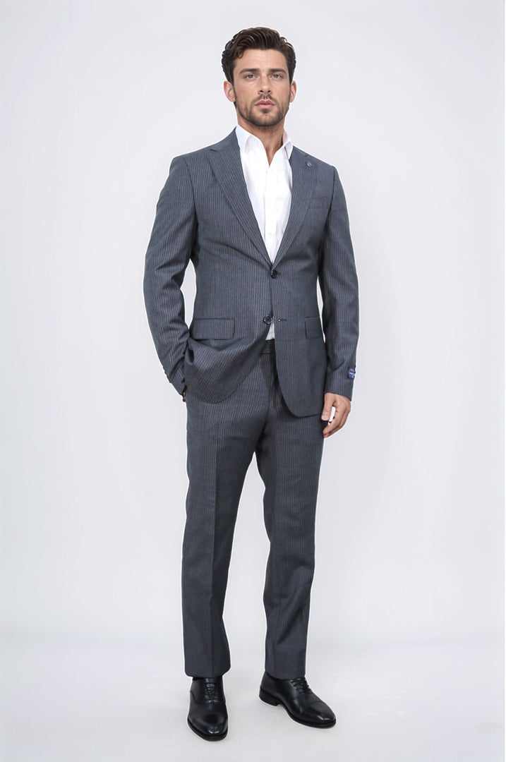 Slim fit mono yaka antrasit çizgili yünlü takım elbise 