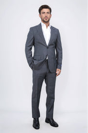 Slim fit mono yaka antrasit çizgili yünlü takım elbise 