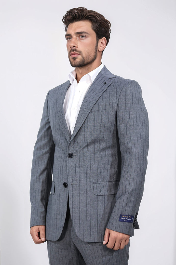 Slim fit mono yaka gri yünlü takım elbise 