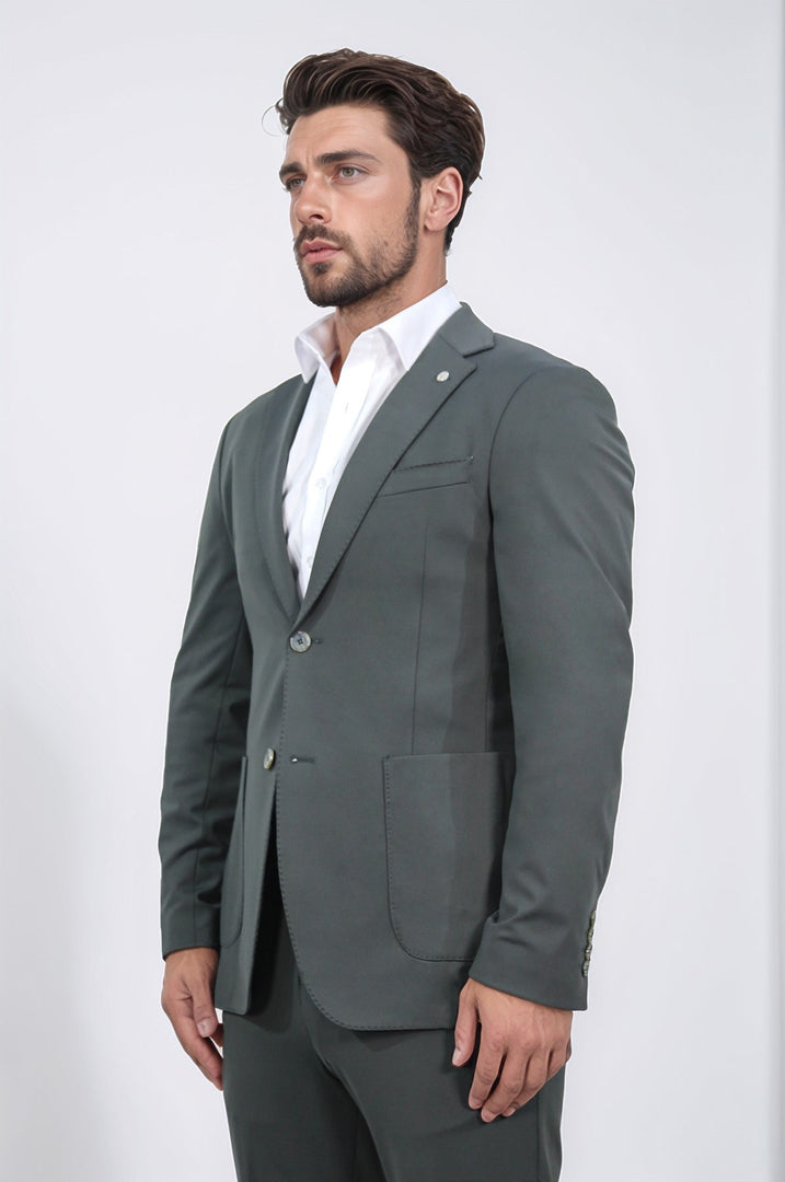 comfort fit bi-strech hafif dokulu yeşil astarsız tek ceket 