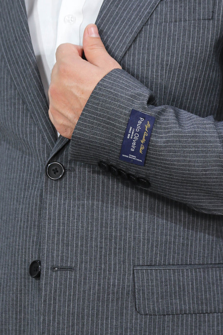 Slim fit mono yaka antrasit çizgili yünlü takım elbise 