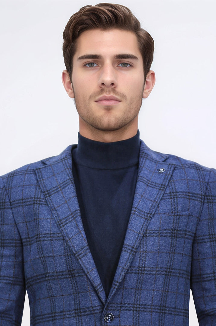 slim fit mono yaka lacivert kareli astarsız tek ceket 