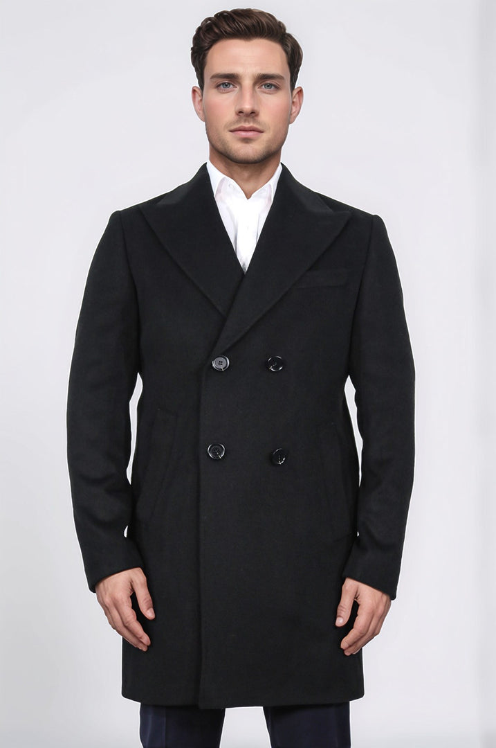 kruvaze sivri yaka yün ve kaşmir karışımlı siyah kaban 