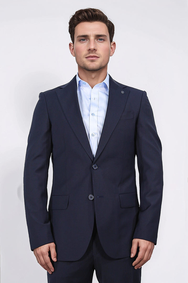 Slim fit mono yaka koyu lacivert takım elbise 