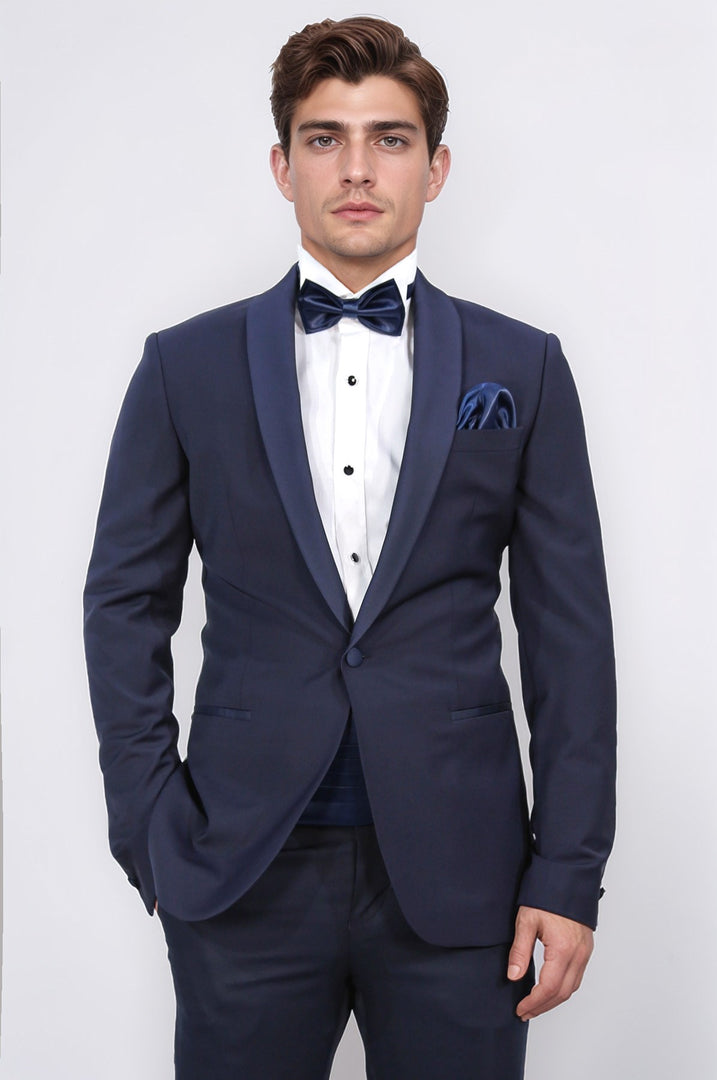 Slim fit şal yaka lacivert yünlü damatlık 