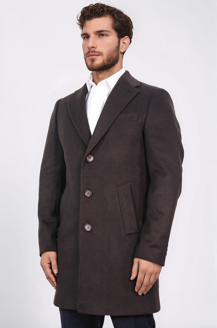 üç düğmeli mono yaka yün ve kaşmir karışımlı kahverengi kaban 