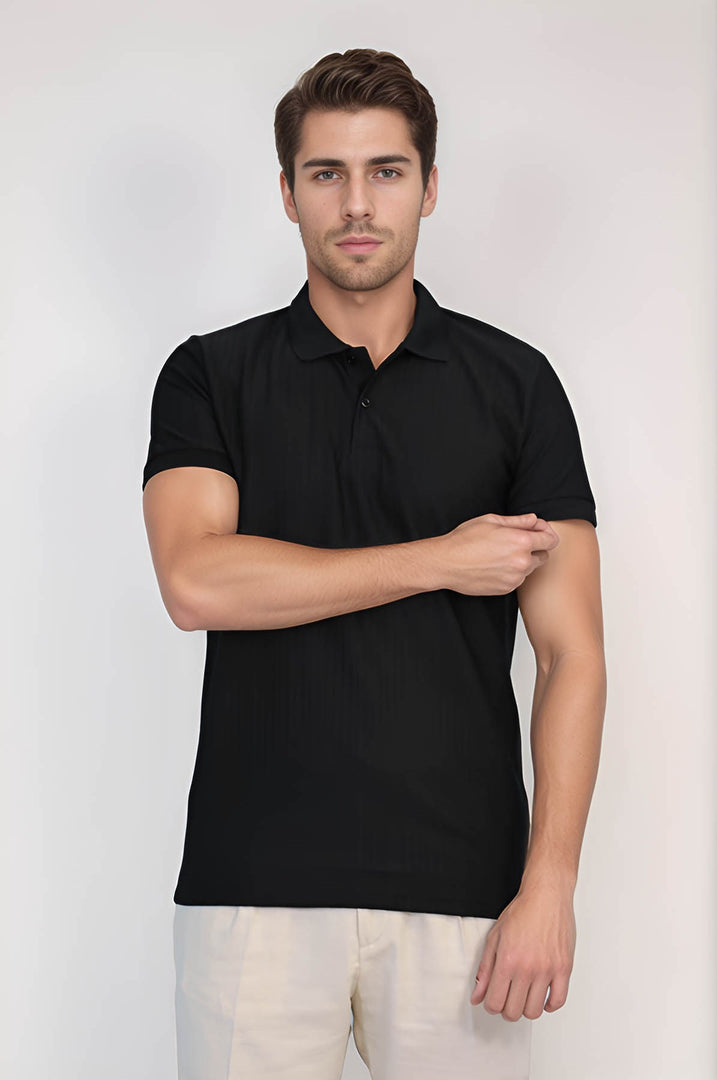 VELVARDE ÇİZGİLİ POLO YAKA TSHIRT SİYAH (1895)