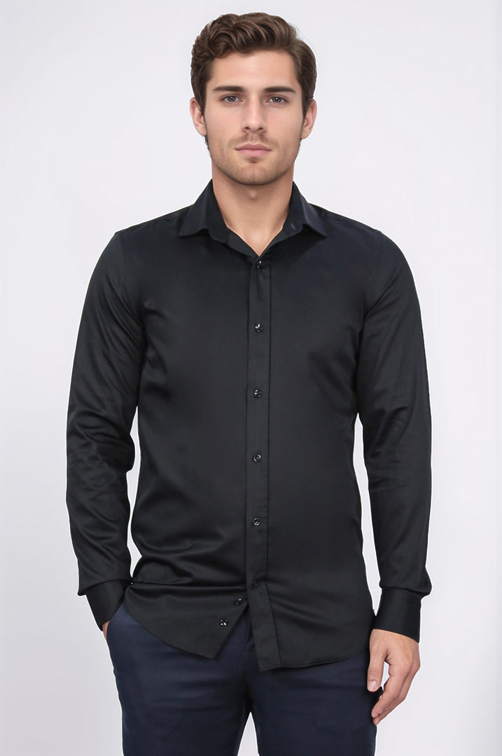slim fit saten italyan yaka siyah gömlek 