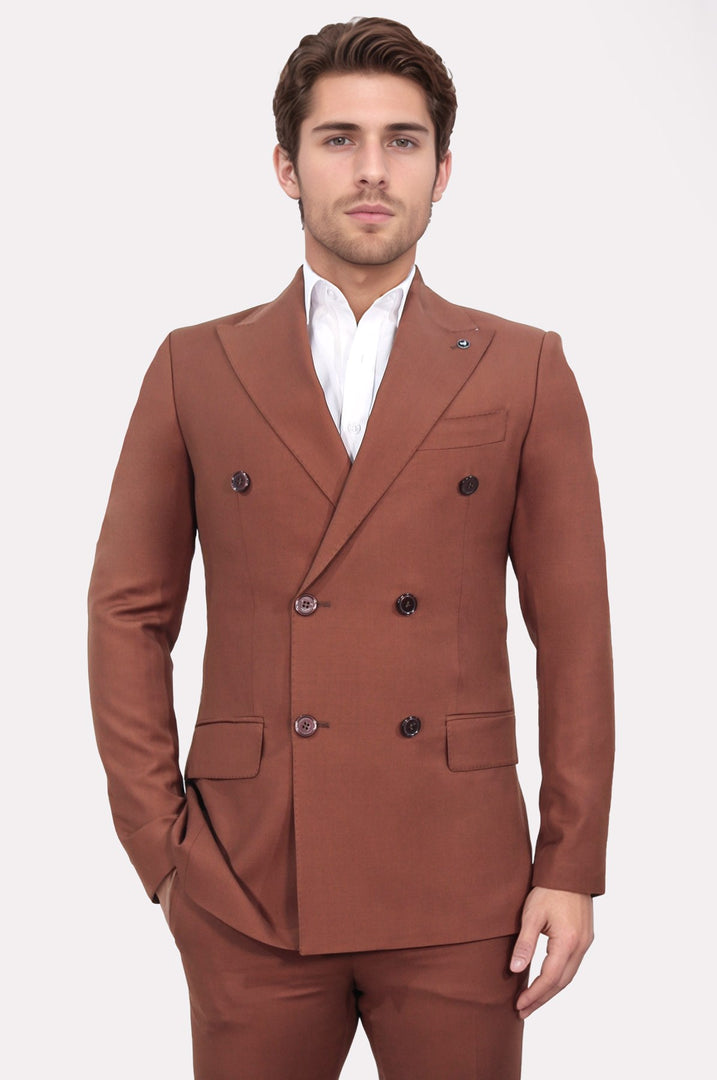 slim fit kruvaze sivri yaka kiremit takım elbise 