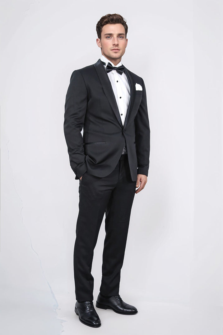 Slim fit saten şal yaka siyah desenli damatlık 