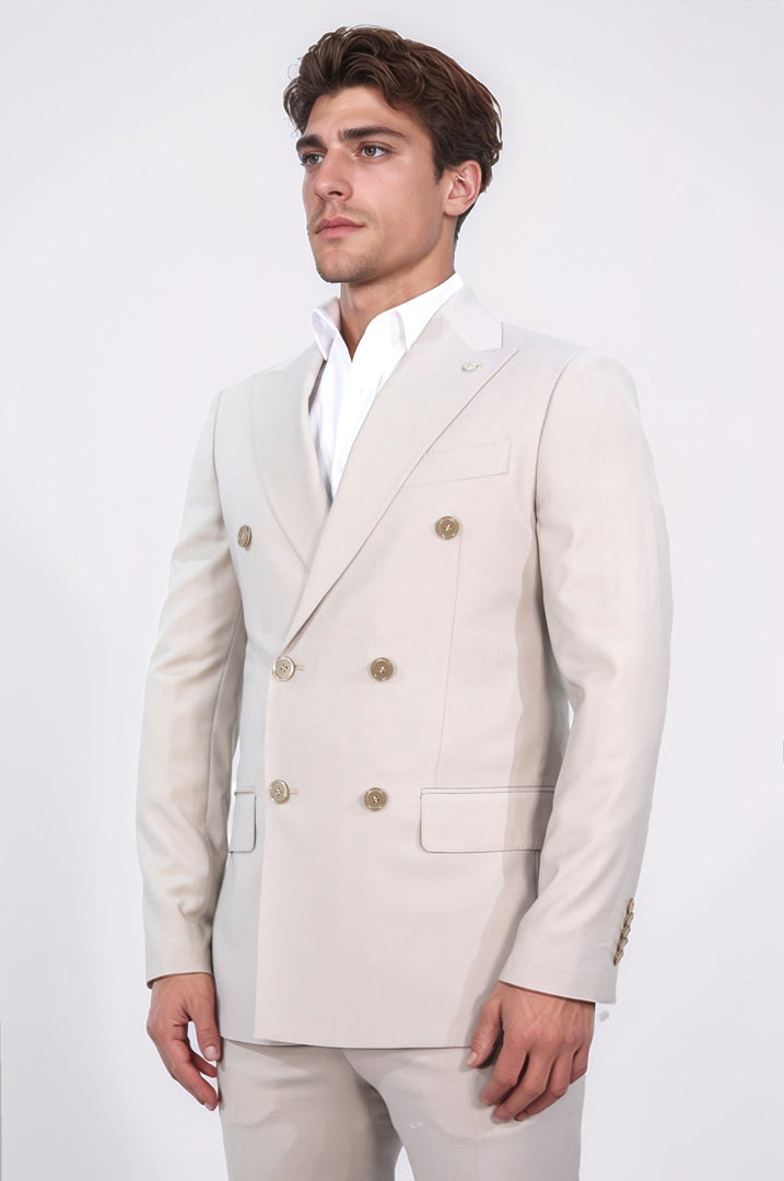 Slim fit sivri yaka kruvaze bej takım elbise 