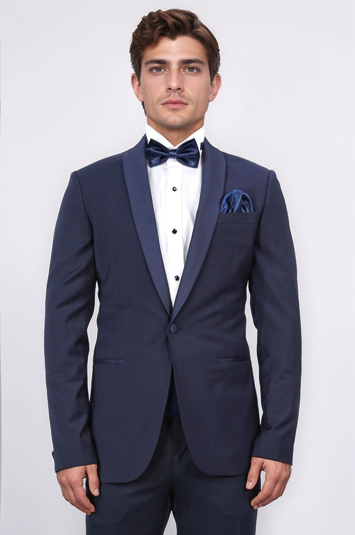 Slim fit şal yaka lacivert yünlü damatlık 