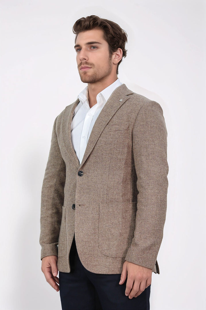 slim fit mono yaka koyu bej astarsız tek ceket 